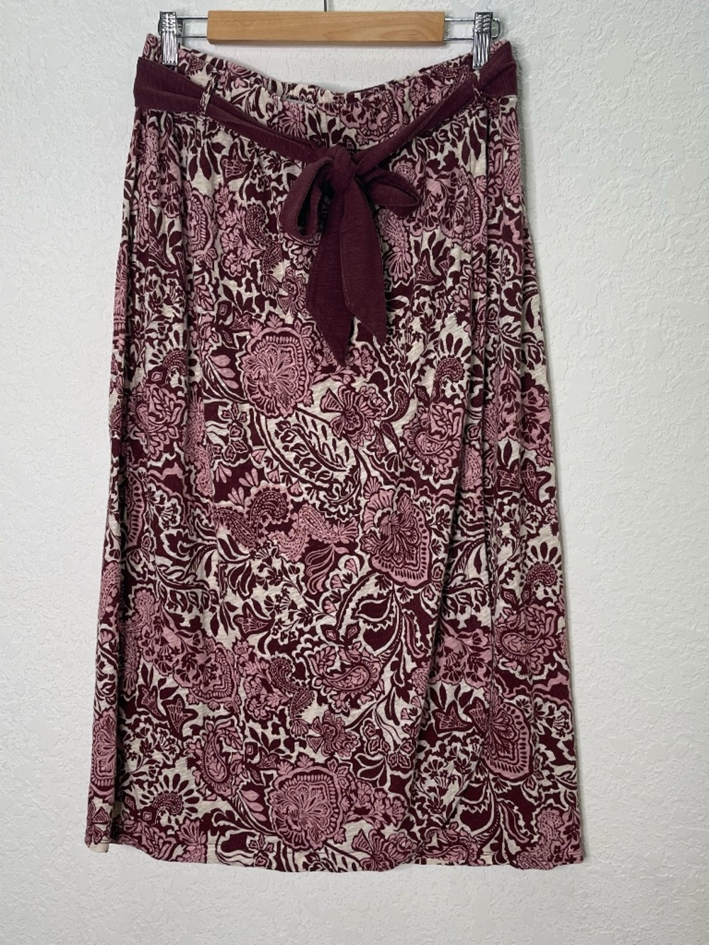 Rachel Zoe Womens L Linen Lyocell Paisley Midi Skirt Belted Boho Burgundy